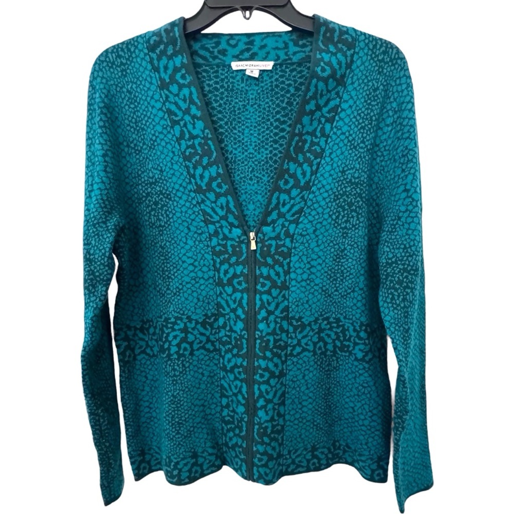 Isaac Mizrahi Live! Blue/Green & Black Animal Print Zip Front V-neck Cardigan